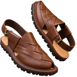 Brown handcrafted Peshawari chappal for men with woven leather upper, buckle strap, stitched detailing, and rugged sole