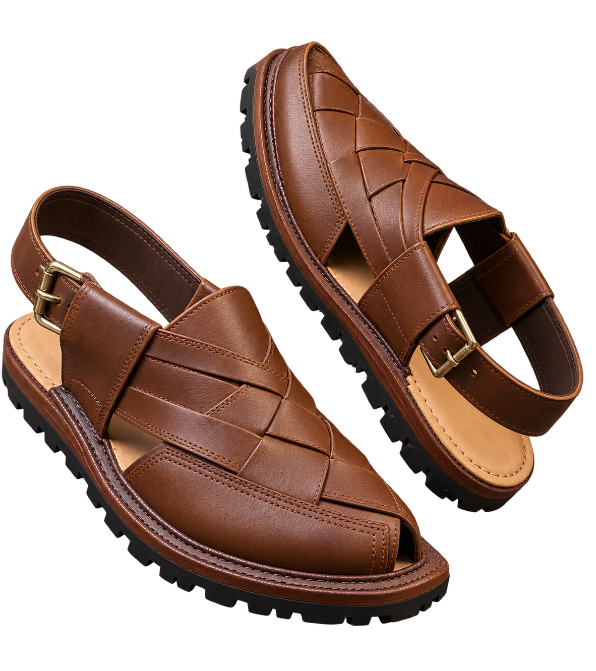 Brown handcrafted Peshawari chappal for men with woven leather upper, buckle strap, stitched detailing, and rugged sole