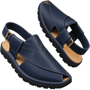 **Navy blue Peshawari chappal for men with paneled upper, contrast stitching, buckle strap, and rugged sole**