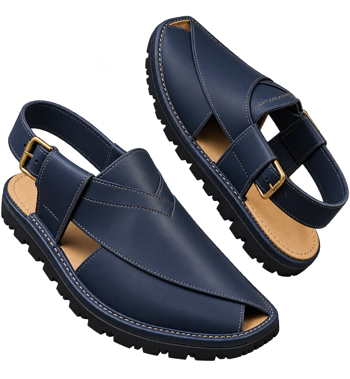 **Navy blue Peshawari chappal for men with paneled upper, contrast stitching, buckle strap, and rugged sole**