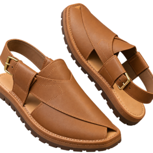 Tan brown Peshawari chappal for men with paneled upper, detailed stitching, buckle strap, and textured sole