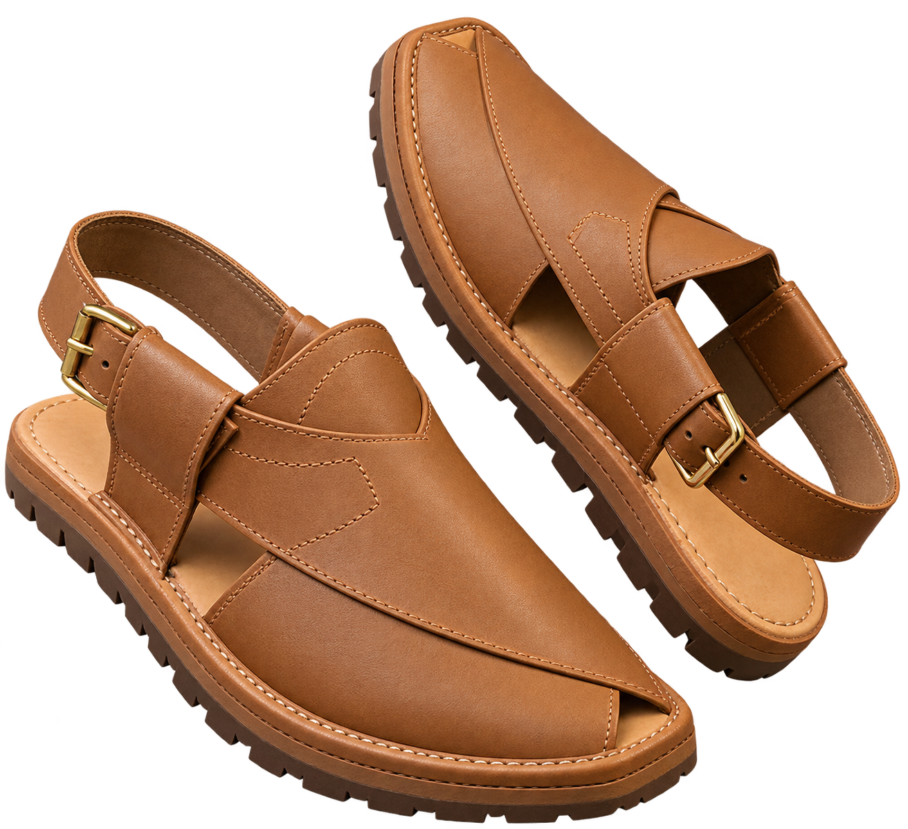 Tan brown Peshawari chappal for men with paneled upper, detailed stitching, buckle strap, and textured sole