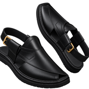 Black handmade Peshawari chappal leather sandals with traditional stitching and buckle