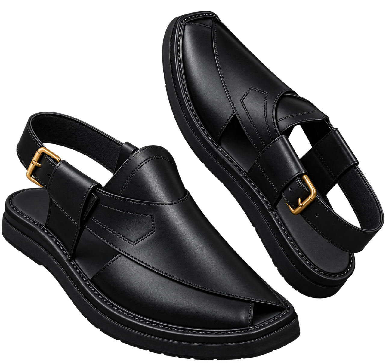 Black handmade Peshawari chappal leather sandals with traditional stitching and buckle